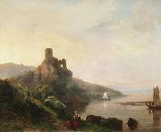 Romantic Rhine landscape with ruin at sunset Pieter Lodewyk Kuhnen